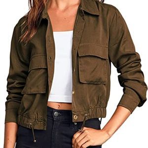 Onedreamer Women's Military Safari Cropped Jackets Button Down Lightweight